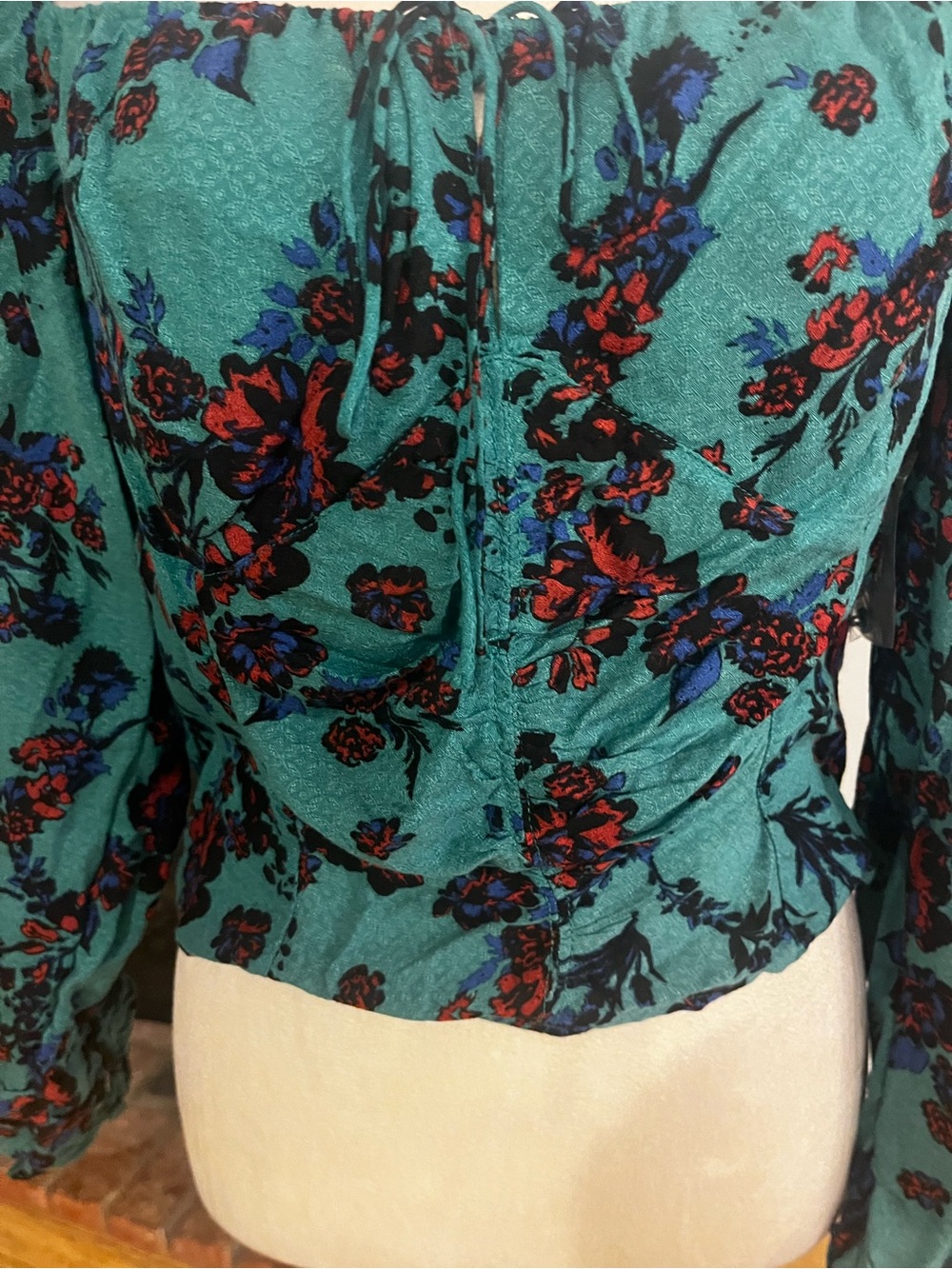 Free People Teal Floral Square-Neck Long Sleeve Blouse - Picture 2 of 6